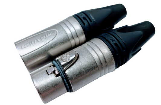 Close-up of Neutrik NC3MXX male and NC3FXX female XLR connectors on Van Damme mic cable